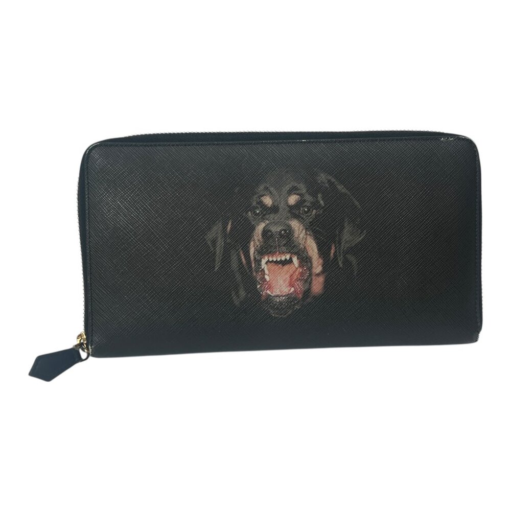 Rare Givenchy Black Leather Rottweiler Zip Around Wallet Organizer Lmt Ed